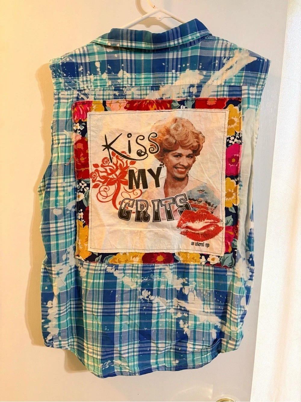 Upcycled Lauren Ralph Lauren Flannel Vest Bleached Distressed Kiss My Grits OOAK